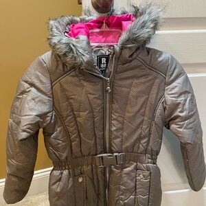 R 1881 Gray and Pink Puffer Jacket with Faux Fur Hood